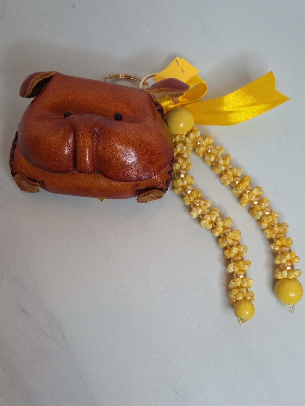 130 - Yellow Beaded Bag Charn With Leather Pouch